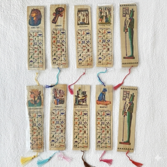 Egyptian Other - Egyptian 10 Bookmarks Papyrus Party Gifts Hyroglyphic Alphabet Pharoh King Queen